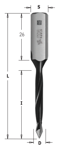 Vrták kolíkovací průchozí (D=5; l=27; L=57,5; S=10x26) LH