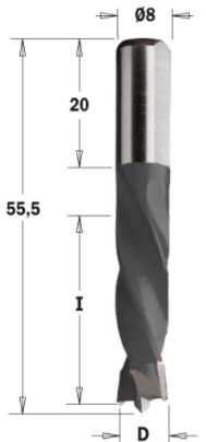 Kolíkovací vrták neprůchozí S=8x20 (D=7 mm; I=30 mm; L=55,5 mm; Z2) RH