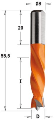 Kolíkovací vrták neprůchozí S=8x20 (D=10 mm; I=30 mm; L=55,5 mm; Z2) LH