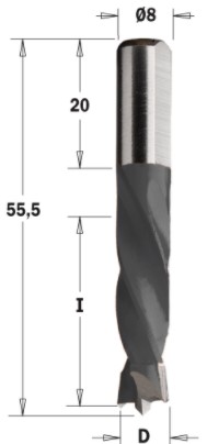 Kolíkovací vrták neprůchozí S=8x20 (D=12 mm; I=40 mm; L=67 mm; Z2) RH